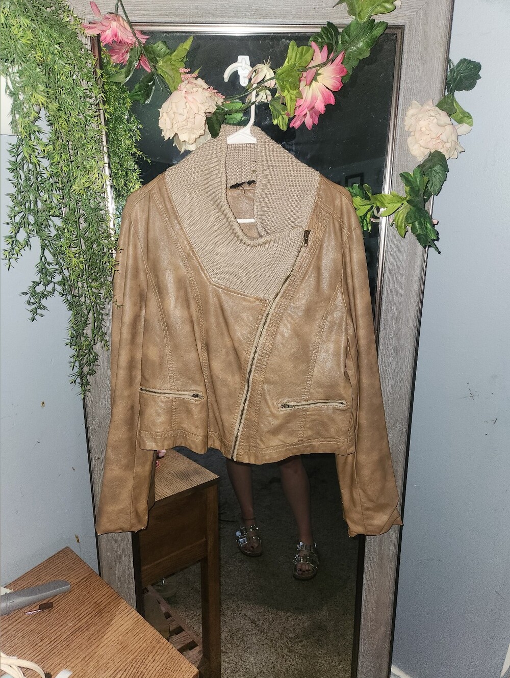 Women's Taupe Asymmetrical Faux Leather Jacket with Knit Collar